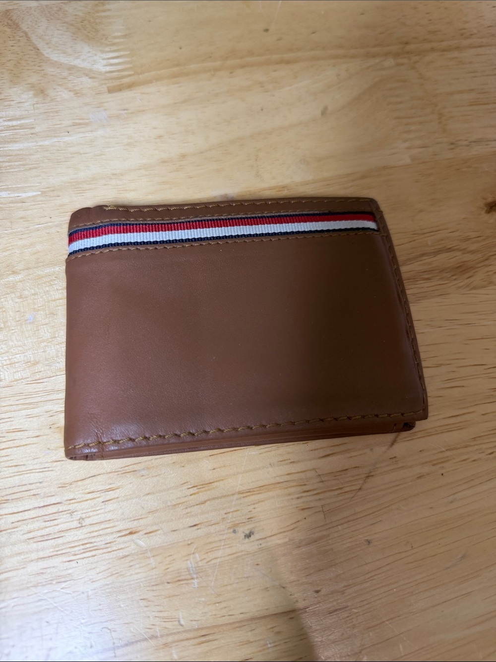 Tommy Hilfiger Brown Leather Card & Key Holder with Red-White-Blue Stripe